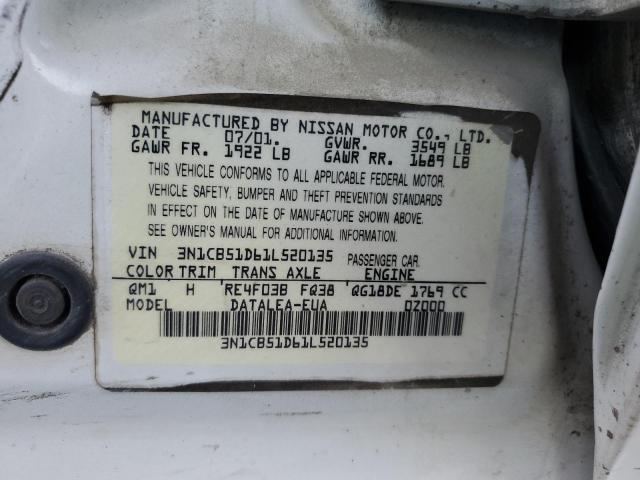 3N1CB51D61L520135 - 2001 NISSAN SENTRA XE WHITE photo 12