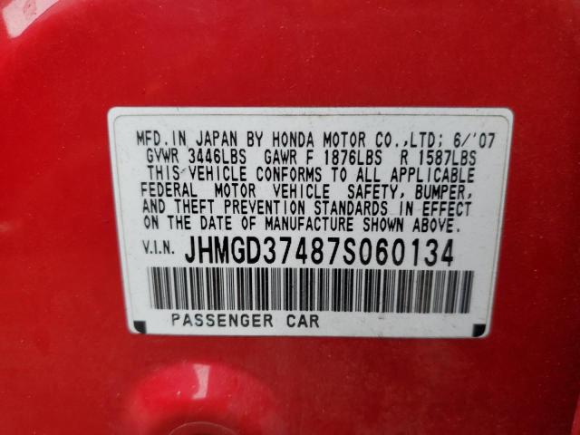 JHMGD37487S060134 - 2007 HONDA FIT RED photo 12