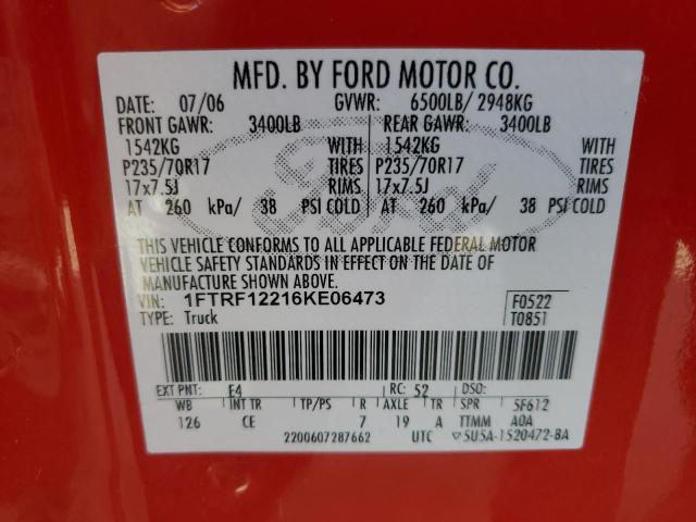 1FTRF12216KE06473 - 2006 FORD F150 RED photo 12