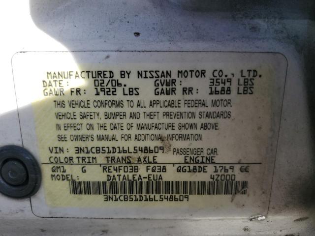 3N1CB51D16L548609 - 2006 NISSAN SENTRA 1.8 WHITE photo 13