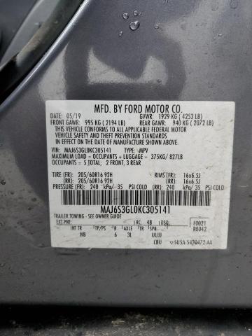 MAJ6S3GL0KC305141 - 2019 FORD ECOSPORT SE GRAY photo 13