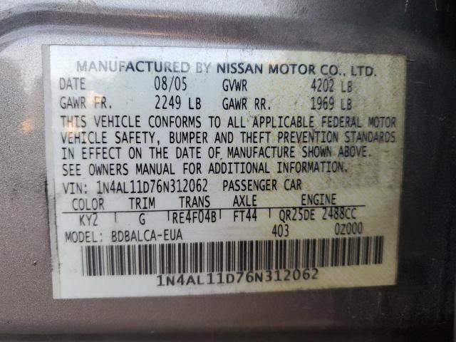 1N4AL11D76N312062 - 2006 NISSAN ALTIMA S GRAY photo 12