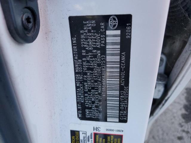 4T1BE46KX9U837513 - 2009 TOYOTA CAMRY BASE WHITE photo 12