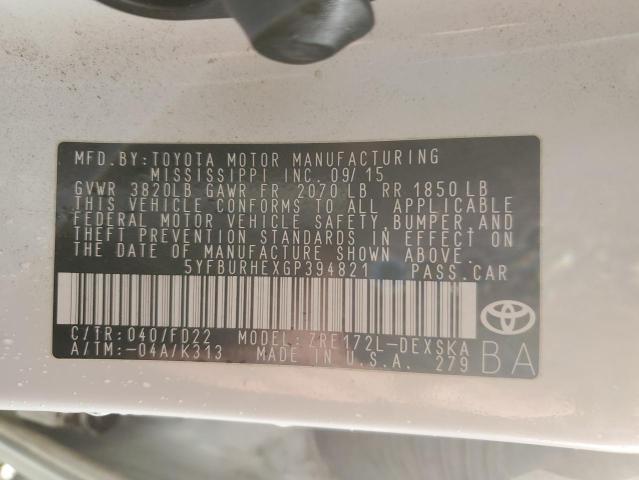 5YFBURHEXGP394821 - 2016 TOYOTA COROLLA L WHITE photo 12