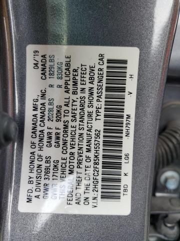 2HGFC2F85KH557562 - 2019 HONDA CIVIC SPORT 黑色 照片 12