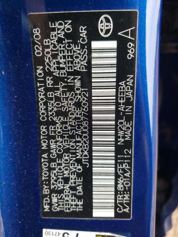 JTDKB20U087760921 - 2008 TOYOTA PRIUS BLUE photo 12