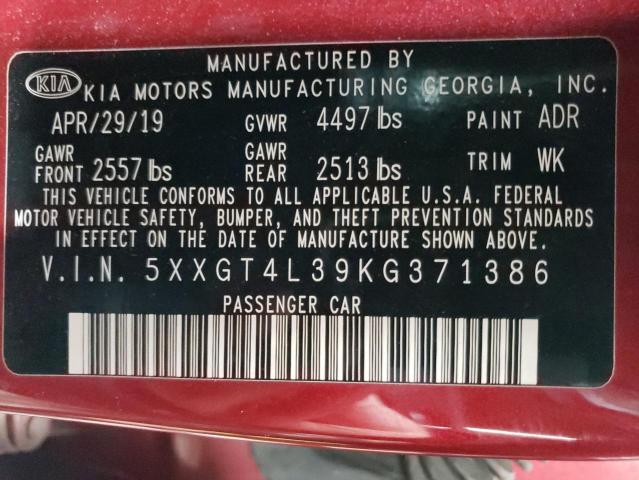 5XXGT4L39KG371386 - 2019 KIA OPTIMA LX RED photo 13