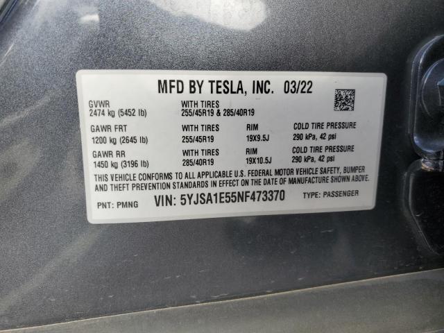 5YJSA1E55NF473370 - 2022 TESLA MODEL S GRAY photo 12