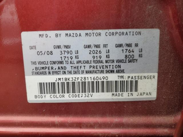 JM1BK32F281160490 - 2008 MAZDA 3 I RED photo 12