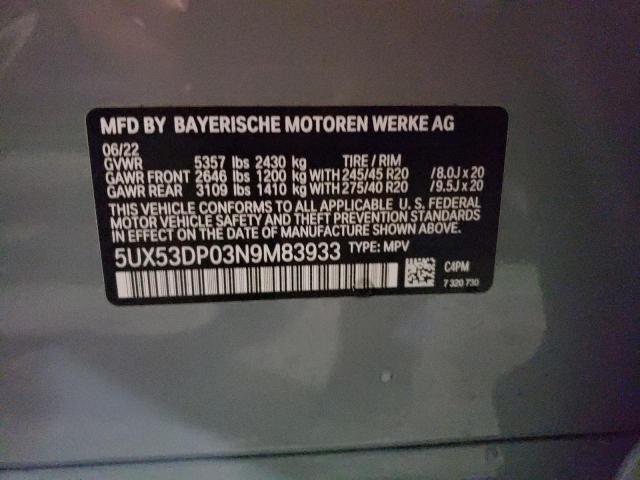 5UX53DP03N9M83933 - 2022 BMW X3 XDRIVE30I GRAY photo 13