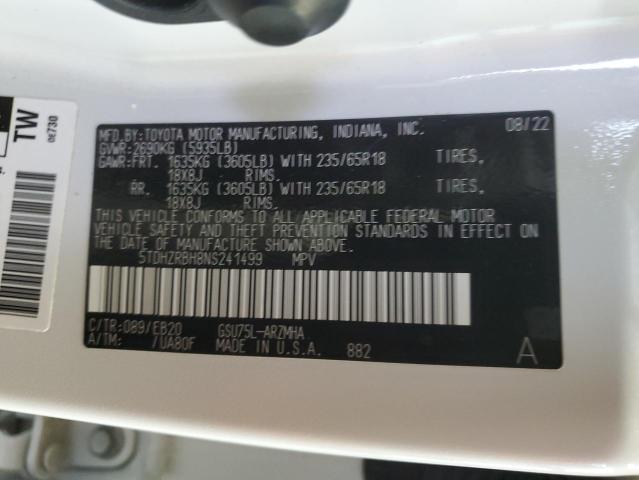 5TDHZRBH8NS241499 - 2022 TOYOTA HIGHLANDER XLE Ağ foto 13