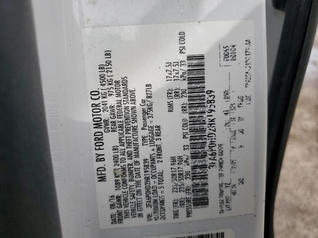 3FA6P0HD2HR195839 - 2017 FORD FUSION SE WHITE photo 12