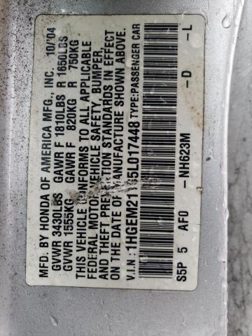 1HGEM21105L017448 - 2005 HONDA CIVIC DX VP SILVER photo 12