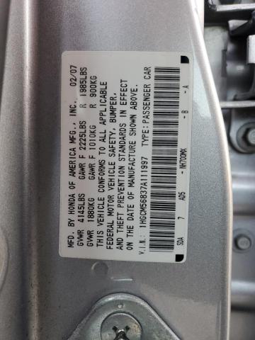 1HGCM56837A111997 - 2007 HONDA ACCORD EX SILVER photo 12