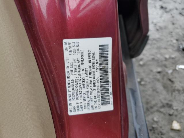 JHLRD78826C011994 - 2006 HONDA CR-V EX MAROON photo 12