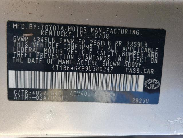 4T1BE46K89U380247 - 2009 TOYOTA CAMRY BASE BEIGE photo 12