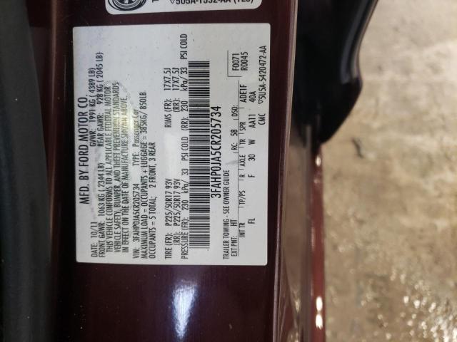 3FAHP0JA5CR205734 - 2012 FORD FUSION SEL MAROON photo 13