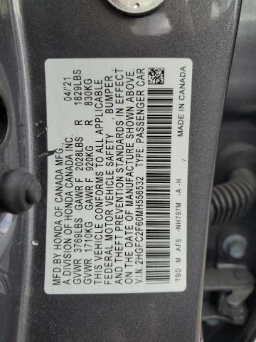 2HGFC2F60MH556532 - 2021 HONDA CIVIC LX GRAY photo 12