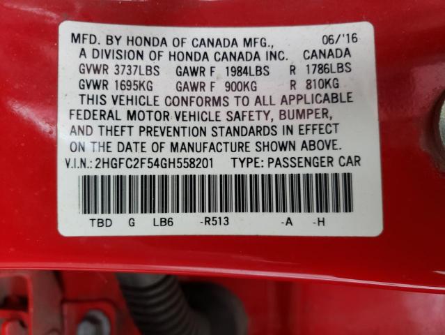 2HGFC2F54GH558201 - 2016 HONDA CIVIC LX RED photo 13