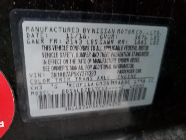 3N1AB7AP5KY274390 - 2019 NISSAN SENTRA S BLACK photo 12