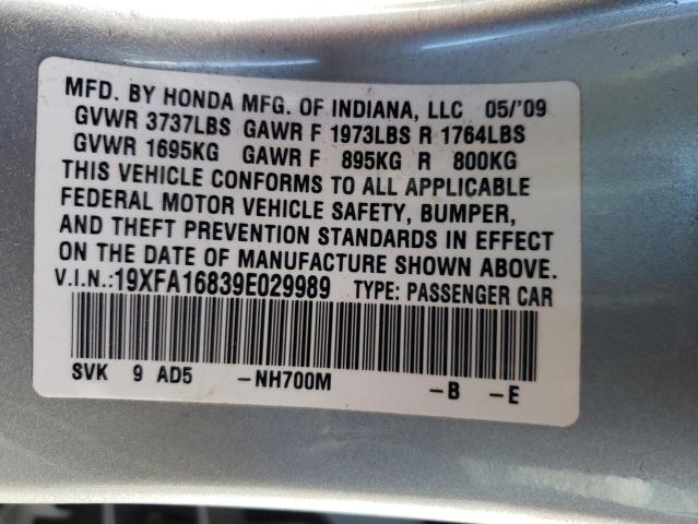 19XFA16839E029989 - 2009 HONDA CIVIC EX SILVER photo 13