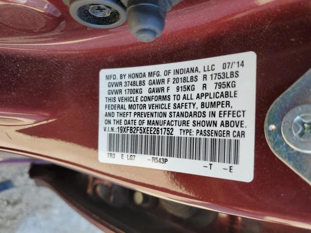 19XFB2F5XEE261752 - 2014 HONDA CIVIC LX BURGUNDY photo 12