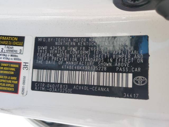 4T4BE46KX9R135228 - 2009 TOYOTA CAMRY BASE WHITE photo 12