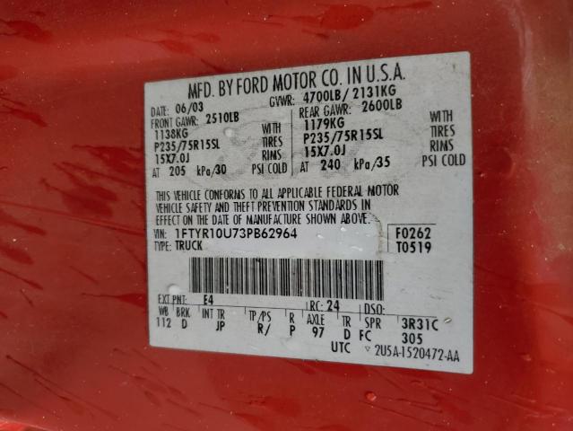 1FTYR10U73PB62964 - 2003 FORD RANGER RED photo 13