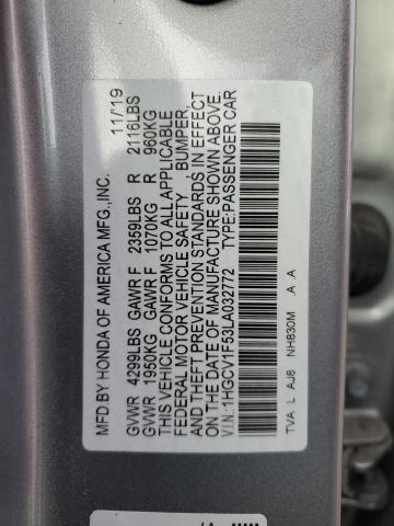 1HGCV1F53LA032772 - 2020 HONDA ACCORD EXL SILVER photo 12