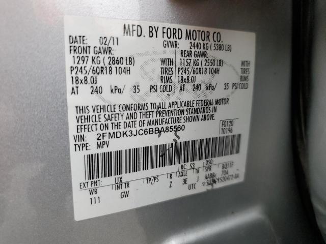 2FMDK3JC6BBA85560 - 2011 FORD EDGE SEL SILVER photo 12