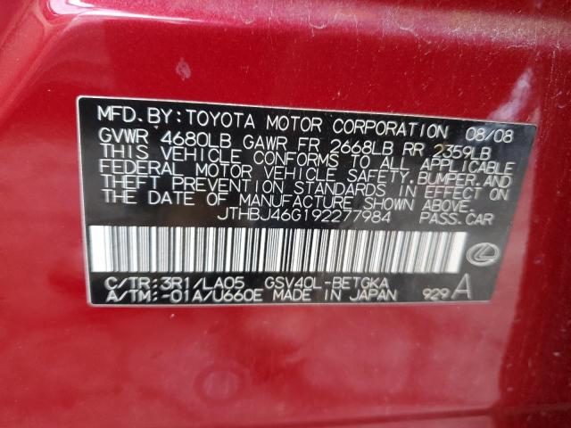 JTHBJ46G192277984 - 2009 LEXUS ES 350 RED photo 12