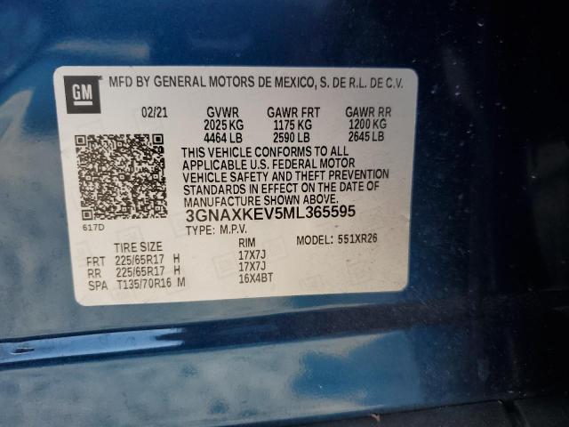 3GNAXKEV5ML365595 - 2021 CHEVROLET EQUINOX LT BLUE photo 12