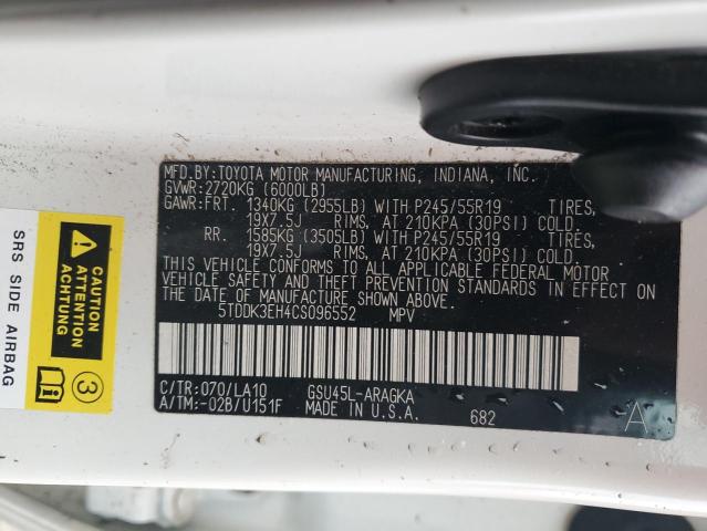 5TDDK3EH4CS096552 - 2012 TOYOTA HIGHLANDER LIMITED WHITE photo 13