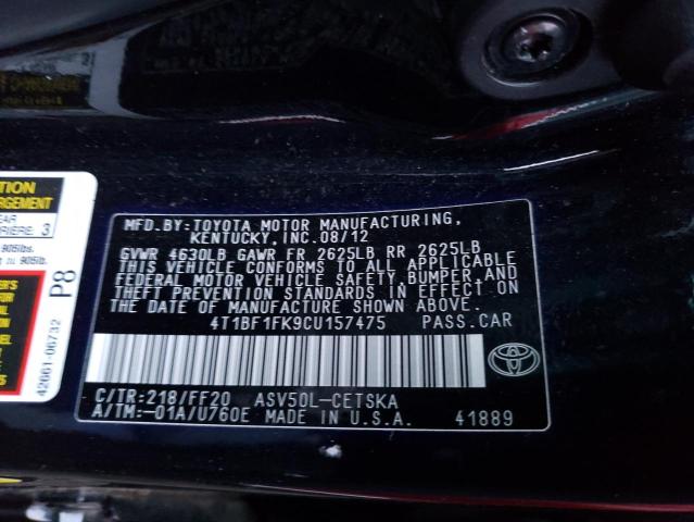 4T1BF1FK9CU157475 - 2012 TOYOTA CAMRY BASE BLACK photo 12