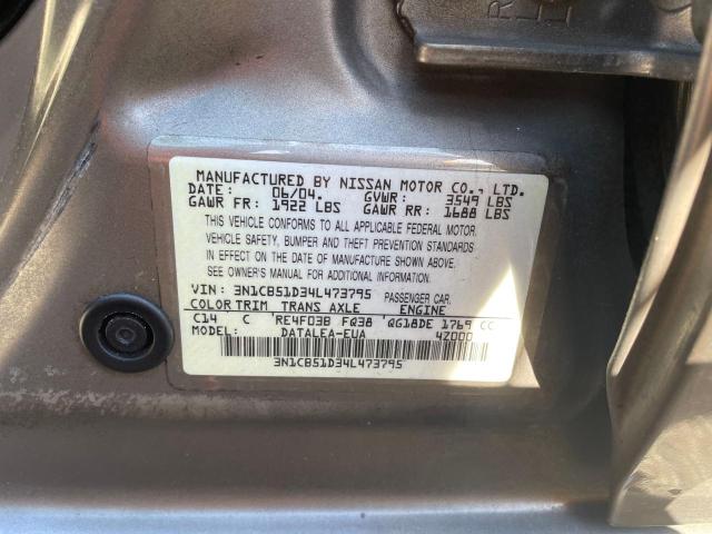 3N1CB51D34L473795 - 2004 NISSAN SENTRA 1.8 TAN photo 10