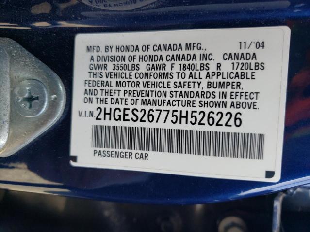 2HGES26775H526226 - 2005 HONDA CIVIC EX BLUE photo 12