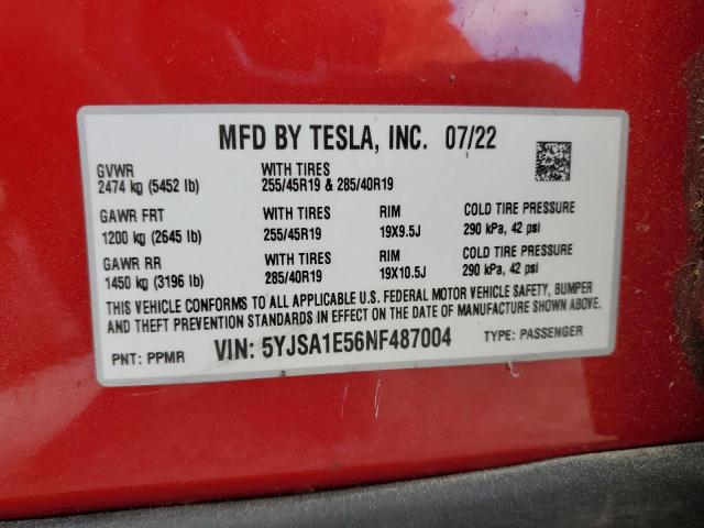 5YJSA1E56NF487004 - 2022 TESLA MODEL S წითელი ფოტო 12