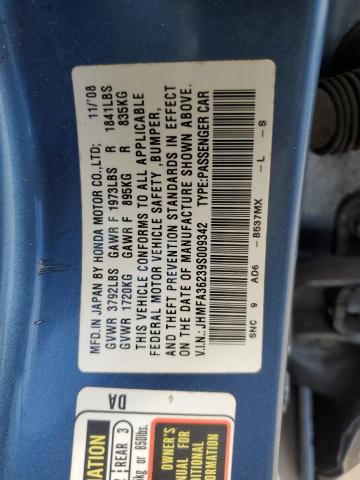 JHMFA36239S009342 - 2009 HONDA CIVIC HYBRID BLUE photo 12