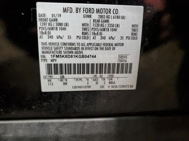 1FM5K8D81KGB04744 - 2019 FORD EXPLORER XLT BLACK photo 12