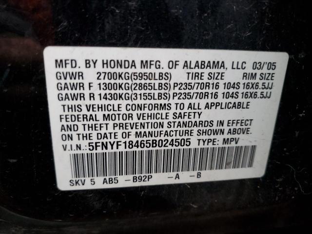 5FNYF18465B024505 - 2005 HONDA PILOT EX BLACK photo 13