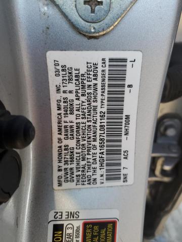 1HGFA16587L081162 - 2007 HONDA CIVIC LX SILVER photo 12