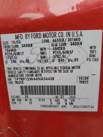 1FTRF12W44NA54438 - 2004 FORD F150 RED photo 12