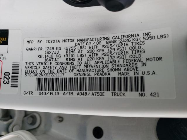 5TEJU62NX6Z221117 - 2006 TOYOTA TACOMA DOUBLE CAB PRERUNNER WHITE photo 12