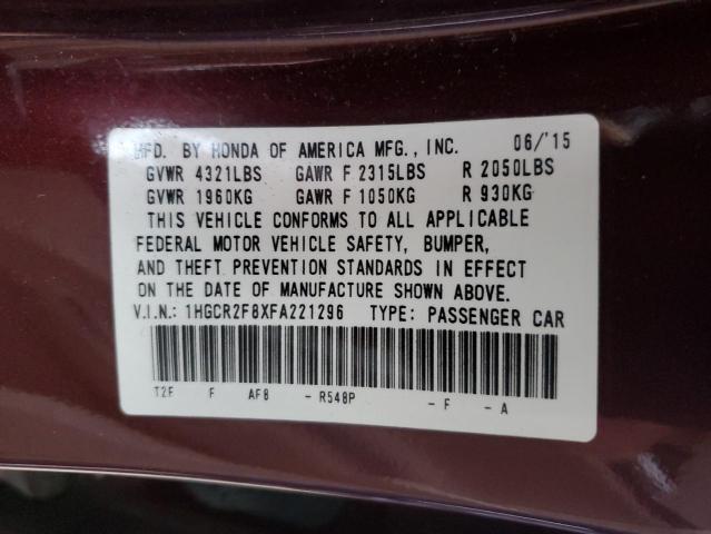 1HGCR2F8XFA221296 - 2015 HONDA ACCORD EXL MAROON photo 12