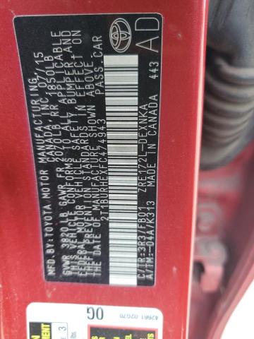 2T1BURHEXFC474943 - 2015 TOYOTA COROLLA L RED photo 12