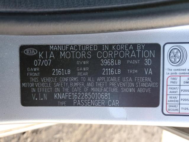 KNAFE162285010681 - 2008 KIA SPECTRA5 5 SX SILVER photo 12