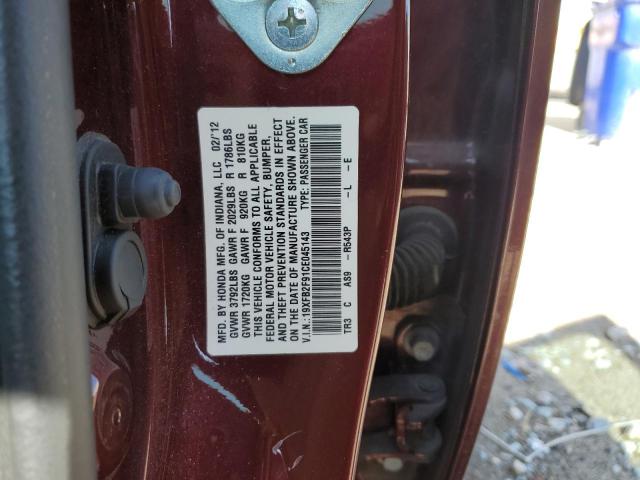 19XFB2F91CE045143 - 2012 HONDA CIVIC EXL წითელი ფოტო 12