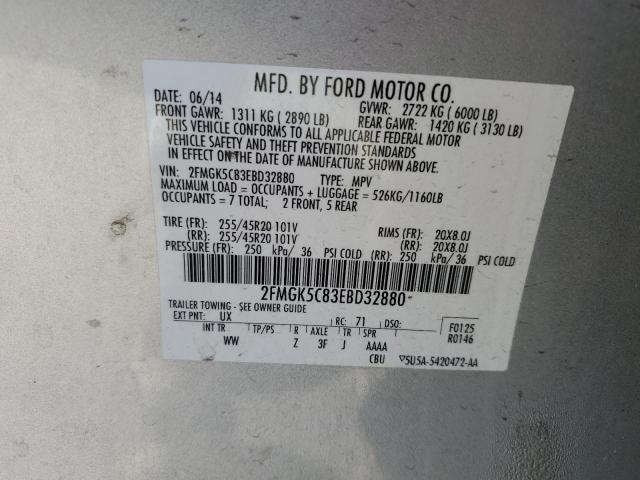 2FMGK5C83EBD32880 - 2014 FORD FLEX SEL SILVER photo 13