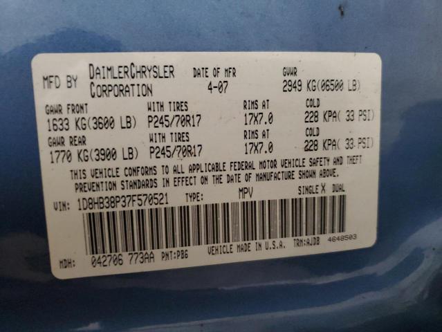 1D8HB38P37F570521 - 2007 DODGE DURANGO SXT BLUE photo 13