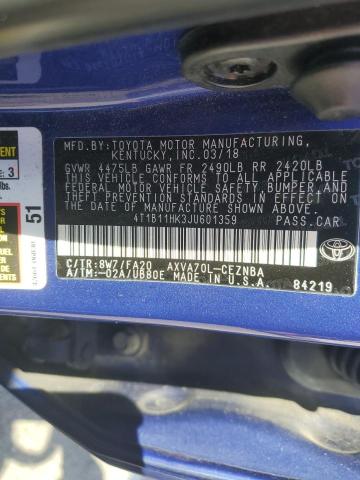 4T1B11HK3JU601359 - 2018 TOYOTA CAMRY L BLUE photo 12